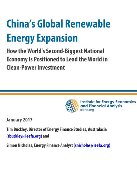 “China's impressive drive into renewable energy (RE) has made it the world's largest investor in clean energy with US$102.9bn invested in renewables (excluding large hydro) in 2015, up 17% over 2014. This represents well over one third of global investment ieefa-chinas-renewable-energy-expansion-titel