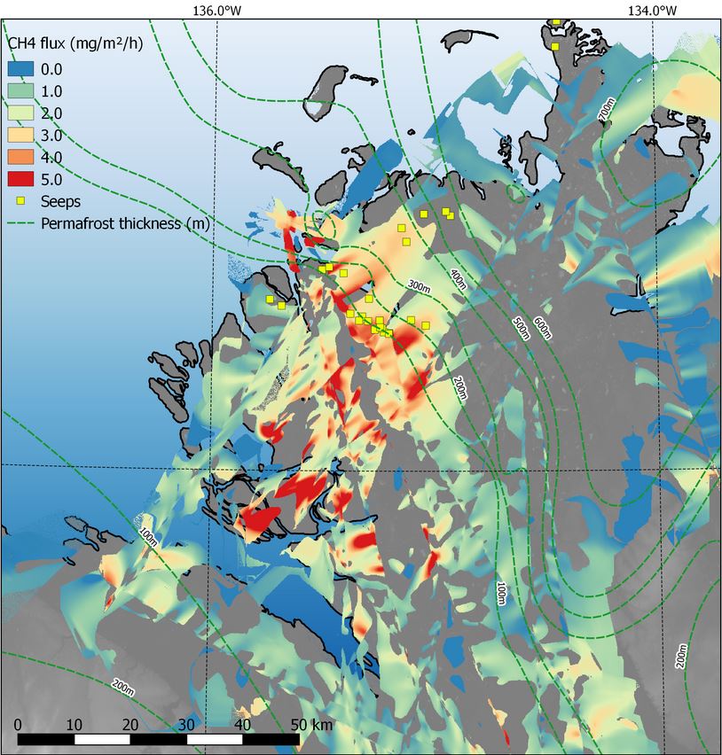 Darstellung der Methanemissionen im nördlichen Teil des untersuchten Gebiets - Grafik © B. Juhls, GFZ