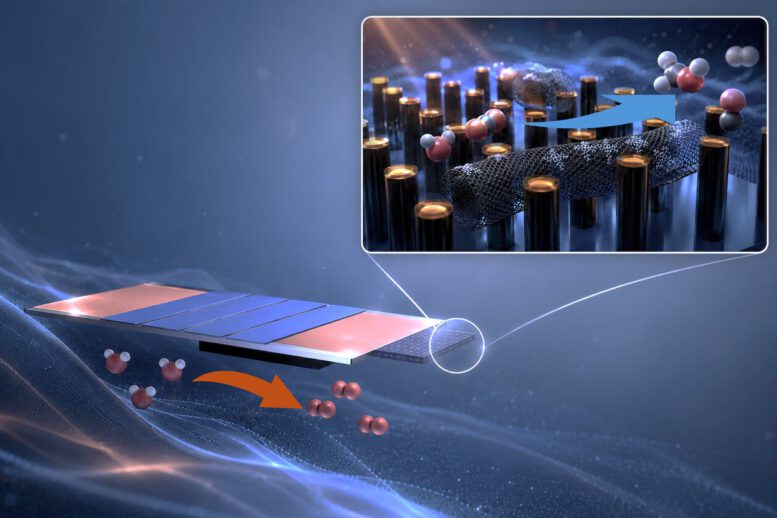 This 3D illustration of the new artificial leaf highlights the device’s photoelectrode, which is based on silicon micro-pillars and a cobalt phthalocyanine-carbon nanotube catalyst for converting carbon dioxide to methanol.Credit: Yuanzuo Gao